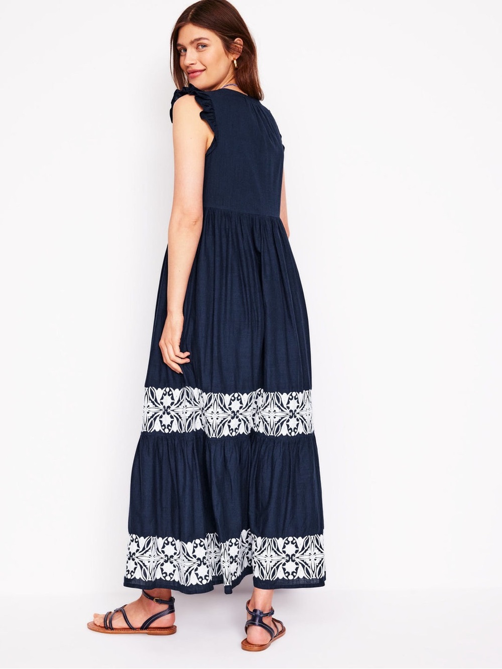 Boden Tie Neck Tiered Maxi Dress Size 6 Navy White Embroidered - Picture 3 of 15